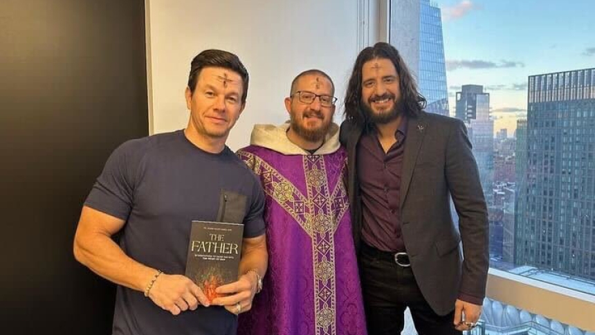 Actors Mark Wahlberg, left, and Jonathan Roumie, right, received ashes from Father Mark-Mary Ames, a Franciscan Friar of the Renewal, Feb. 14, 2024. (OSV News photo/courtesy Prevish Marketing)