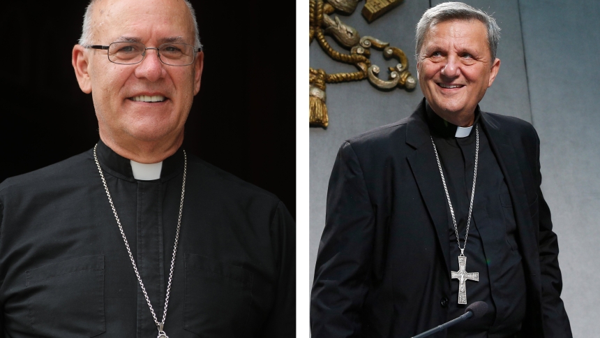 Bishop Kevin C. Rhoades of Fort Wayne-South Bend, Ind., and Cardinal Mario Grech, secretary-general of the synod, are pictured in a combination photo. Cardinal Grech gave a talk Feb. 26, 2024, titled "The Role of the Synodal Bishop" at the University of Notre Dame in South Bend, with Bishop Rhoades offering a response. (OSV News photo/Bob Roller/CNS photo/Paul Haring)