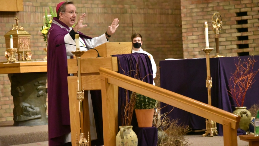 Bishop Robert J. McClory preaches at the fourth diocesan Lenten holy hour, at St. Patrick in Chesterton on March 18, 2021. Many area faithful avail themselves of inspirational and sacramental offerings as they continue with prayer, fasting and almsgiving during the 40-day season of Lent which leads to Easter, or Resurrection Sunday. (Northwest Indiana Catholic file photo/Anthony D. Alonzo)