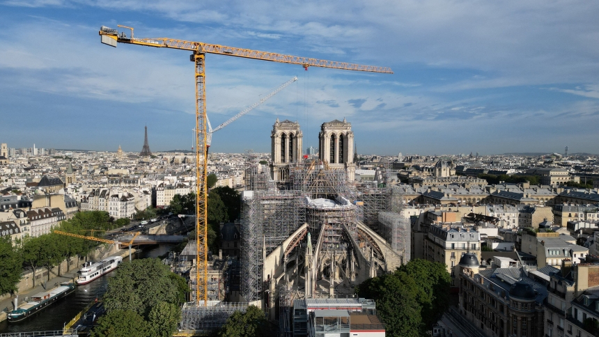 An aerial view shows the ongoing restoration work at Notre Dame Cathedral in Paris July 18, 2023. The cathedral was ravaged by a fire in 2019 that sent its spire crumbling down, and restoration work continues before the whole world will see the cathedral reopen Dec. 8, 2024. (OSV News photo/Pascal Rossignol, Reuters)