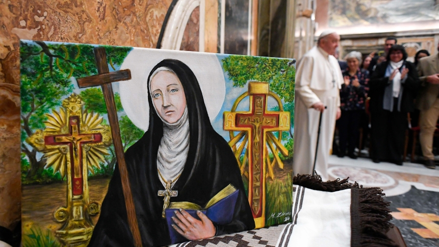 A painting of Blessed María Antonia de Paz Figueroa, known as "Mama Antula," is displayed during a meeting between Pope Francis and Argentine pilgrims at the Vatican Feb. 9, 2024,  ahead of the canonization of Argentina's first female saint. (CNS photo/Vatican Media)