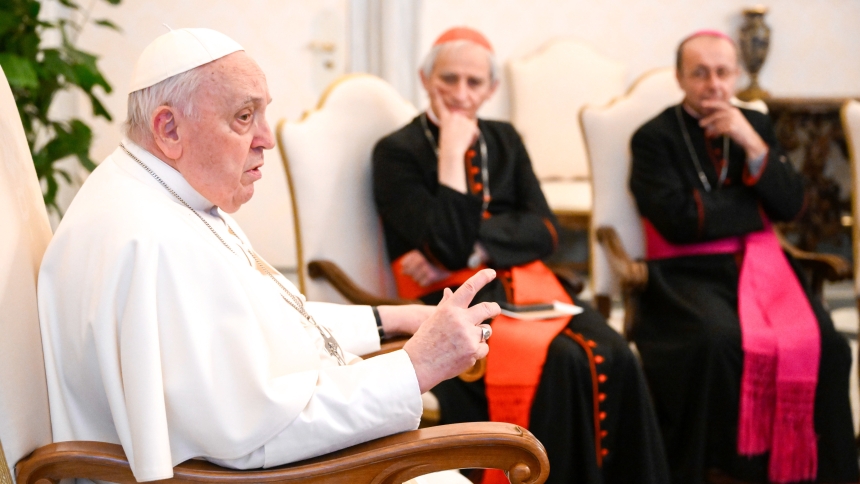 Pope Francis meets with the bishops of Italy's Emilia Romagna region as they made their "ad limina" visits to the Vatican Feb. 29, 2024. Cardinal Matteo Zuppi of Bologna, president of the Italian bishops' conference, is seen listening as Pope Francis addresses the group. (CNS photo/Vatican Media)