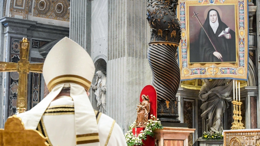 Pope Francis prays during the Mass for the canonization of St. Maria Antonia de Paz Figueroa, known as Mama Antula, in St. Peter's Basilica at the Vatican Feb. 11, 2024. She is the first female saint from Argentina. (CNS photo/Vatican Media)