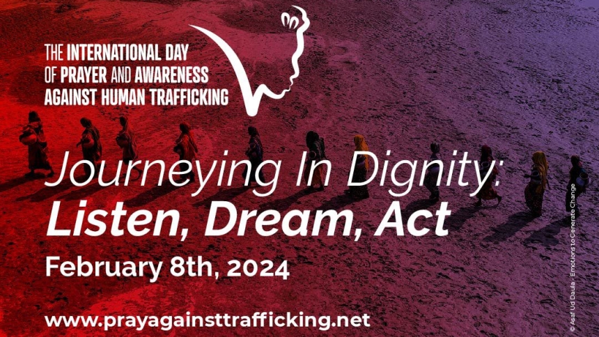 A promotional image illustrates the theme of the International Day of Prayer and Awareness Against Human Trafficking for 2024, "Journeying in Dignity: Listen, Dream, Act." The international day is held every Feb. 8, the feast of St. Josephine Bakhita, a Sudanese religious sister who was enslaved as a child. (CNS photo/courtesy Talitha Kum)