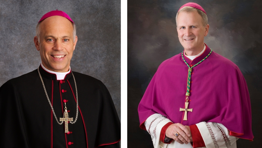 Archbishop Salvatore J. Cordileone of San Francisco and Bishop James V. Johnston Jr. of Kansas City-St. Joseph, Mo., are pictured in a combination photo. The two agreed on a friendly wager for the outcome of Super Bowl LVIII Feb. 11, 2024, when their respective teams, the 49ers and the Chiefs square off  at Allegiant Stadium in Las Vegas. As part of their wager, both prelates have agreed to donate to a pro-life organization of the winner's choice. (OSV News photo, CNS files)  