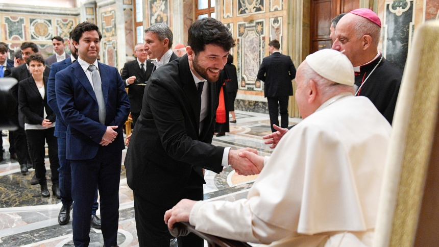 Pope Francis greets a member of the Dicastery for Evangelization's section for new evangelization during a meeting for their plenary assembly at the Vatican March 15, 2024. (CNS photo/Vatican Media)