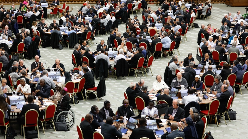 Members of the assembly of the Synod of Bishops start a working session in the Vatican's Paul VI Audience Hall Oct. 18, 2023. Five U.S. priests will travel to Rome April 28-May 2, 2024, to share their experiences of parish life with the ongoing Synod of Bishops on synodality. The five were selected by the U.S. Conference of Catholic Bishops as part of a 300-member worldwide delegation. (CNS photo/Lola Gomez)