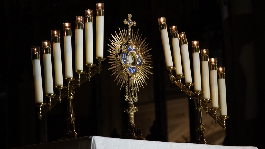 A monstrance containing the Blessed Sacrament is displayed on the altar during a Holy Hour at St. Patrick's Cathedral in New York City July 13, 2023. The liturgy was hosted by the Sisters of Life during the ongoing National Eucharistic Revival. (OSV News photo/Gregory A. Shemitz)