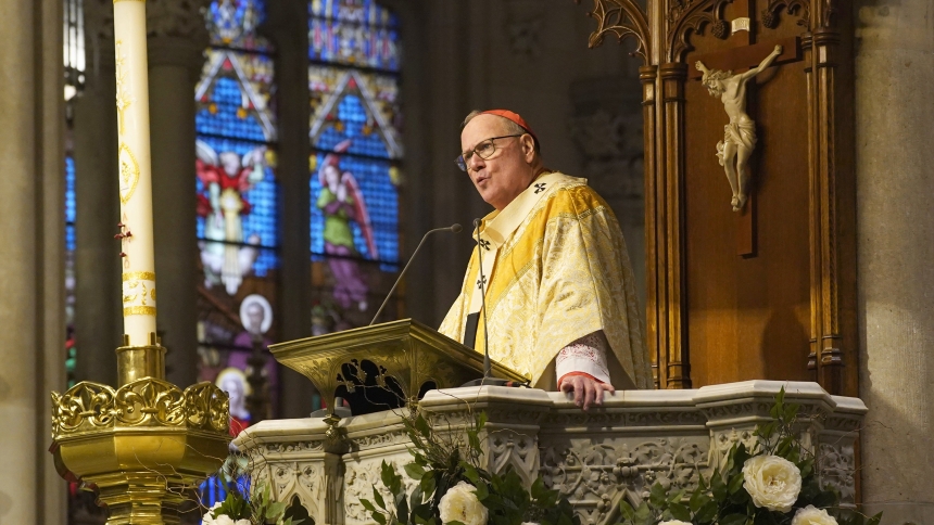 New York Cardinal Timothy M. Dolan delivers his homily during Easter Mass at St. Patrick's Cathedral in New York City March 31, 2024. Cardinal Dolan will visit Israel and Palestine April 12-18 in his role as chair of Catholic Near East Welfare Association. (OSV News photo/Gregory A. Shemitz)