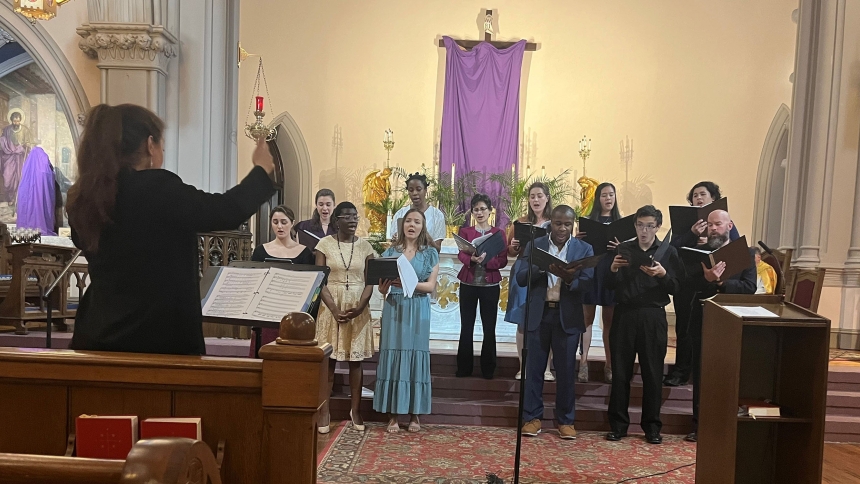 Choir members sing during the "Come As You Are" Holy Week Prayer Service for Mental Health at St. Joseph Church on Capitol Hill in Washington March 26, 2024. The choir was directed by Rebecca Rossello, a Baltimore-based soprano and choral teacher. (OSV News photo/Mark Zimmermann, Catholic Standard)