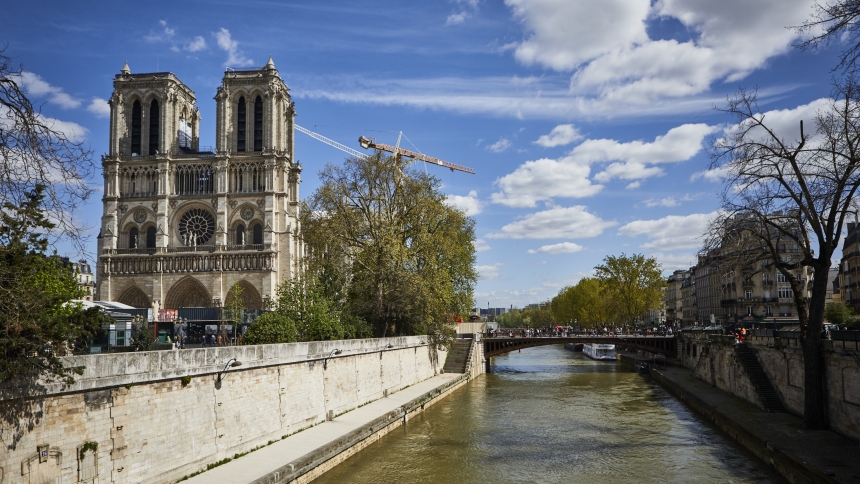 The iconic Notre Dame Cathedral is seen April 10, 2024, with part of the scaffolding removed. Reconstruction work on the spire and roof of the iconic structure entered its last phase as the world prepared to observe the fifth anniversary of the April 15, 2019, blaze that caused the spire to collapse inside the cathedral. Notre Dame is scheduled to reopen Dec. 8, to be followed by six months of celebrations, Masses, pilgrimages, prayers and exhibitions. (OSV News photo/Charlene Yves)