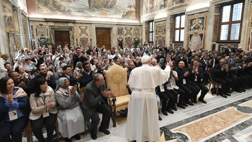 Pope Francis greets representatives of congregations founded by St. Magdalene of Canossa and members of the Montfort Brothers of St. Gabriel during an audience at the Vatican April 29, 2024. The congregations were holding their general chapter meetings in Rome. (CNS photo/Vatican Media)