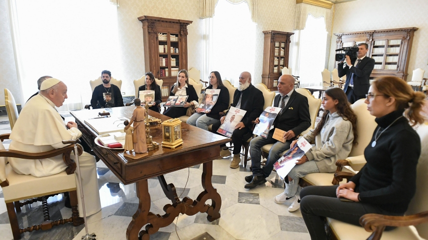 Pope Francis speaks with the family members of Israeli hostages held in captivity by Hamas during a meeting at the Vatican April 8, 2024. (CNS photo/Vatican Media)