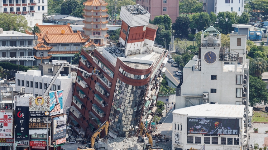 Workers carry out operations April 4, 2024, at the site where a building collapsed followinga 7.4 magnitude earthquake near  Hualien, Taiwan. At least nine people died when the  quake struck April 3, and more than 1,000 people were injured. According to the BBC, rescuers were working to reach more than 600 stranded people, while dozens of people were still reported missing. (OSV News photo/Carlos Garcia Rawlins, Reuters)