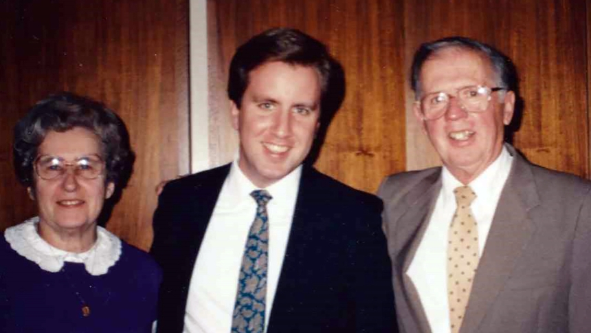 Robert J. McClory (center) gathers with his parents Ann and James McClory after passing his bar exam at the Oakland County Circuit Court House in Pontiac, Mich., in 1991. (photo courtesy of Therese Norris) 