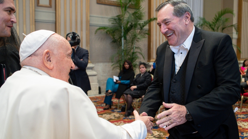 Pope Francis greets Joe Donnelly, U.S. ambassador to the Holy See, after his annual address to the diplomatic corps Jan. 8, 2024, in the Hall of Blessings at the Vatican. (CNS photo/Vatican Media)