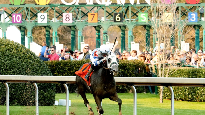 Jockey Keith Asmussen wins the first graded stakes race of his career aboard Lemon Muffin in the Honeybee at Oaklawn Park in Hot Springs, Ark., Feb. 24, 2024. (OSV News photo/Coady Photography, courtesy Oaklawn Park)