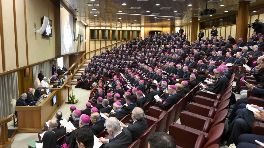 Pope Francis speaks to Italian bishops in the Vatican synod hall during the general assembly of the Italian bishops' conference May 20, 2024. (CNS photo/Vatican Media)