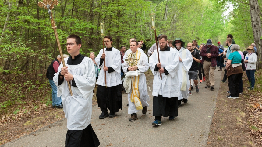 Pilgrims process in a 12-mile walk from Laporte to Walker, Minn., along the Paul Bunyan State Trail during the National Eucharistic Pilgrimage May 20, 2024. (OSV News photo/Courtney Meyer)
