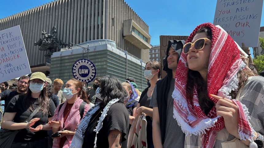 Columbia University students and pro-Palestinian protesters march in front of Hamilton Hall in Manhattan, New York City, U.S., May 1, 2024. (OSV News photo/Roselle Chen, Reuters)