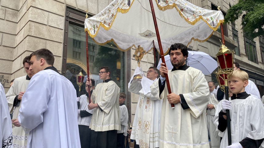 Father Charles Trullols carries the monstrance with the Blessed Sacrament at the start of a Eucharistic procession through the streets of Washington May 18, 2024. Father Trullols, an Opus Dei priest, is director of the Catholic Information Center, which organized the procession and served as the starting point for the event. (OSV News photo/Katie Yoder, Our Sunday Visitor)