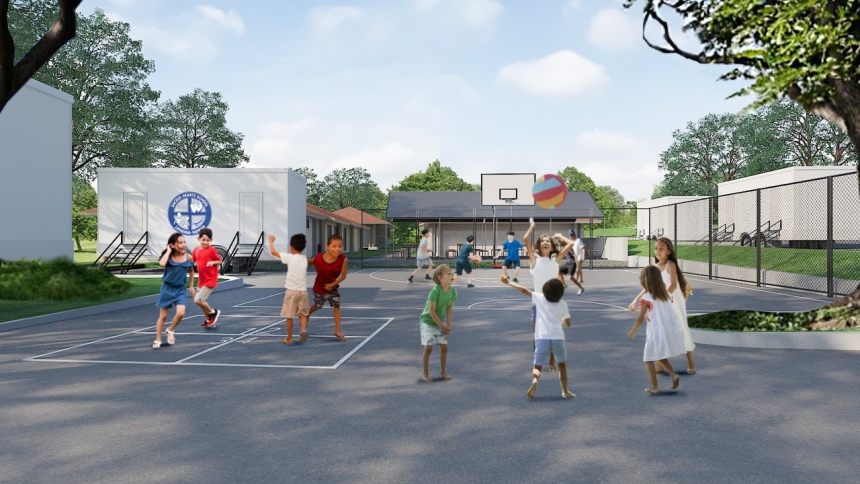 Children are pictured in a rendering of what Sacred Hearts School's new temporary site in Kaanapali, Hawaii, will look like after the original was destroyed in August 2023 when wildfires devastated the town of Lahaina on the island of Maui. Courtesy of MCYIA Interior Architecture & Design, the school's new site will include space to play outdoors as well as portable trailers for a variety of uses, from offices to bathrooms. (OSV News photo/courtesy MCYIA Interior Architecture & Design) 