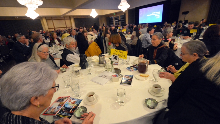 Members of the St. Paul Respect Life group are seated at their table during the Lake County Right to Life’s annual fundraiser banquet at Avalon Manor Banquet Center in Merrillville on April 19. The event featured talks by local pro-life leaders and state politicians with the keynote presentation delivered by singer and inspirational speaker Jason Upton, who shared his “Divine Adoption Story.” (Anthony D. Alonzo photo)