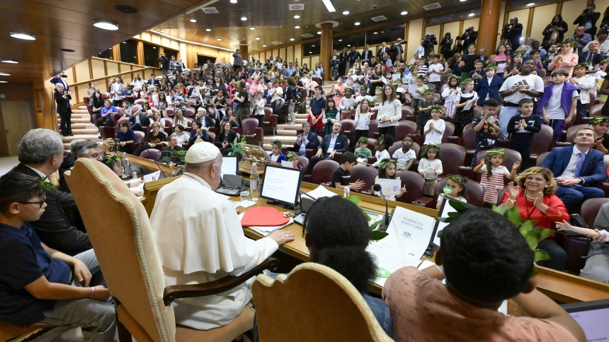 Pope Francis attends a meeting dedicated to children and future generations at a conference on human fraternity in the Synod Hall at the Vatican May 11, 2024. (CNS photo/Vatican Media)