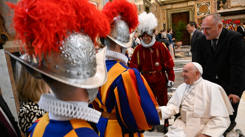 Pope Francis greets members and new recruits of the Pontifical Swiss Guard at the Vatican May 6, 2024. (CNS photo/Vatican Media)