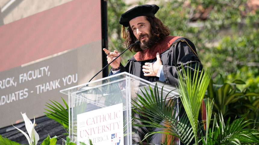 Actor Jonathan Roumie gives the commencement address during the graduation ceremony at The Catholic University of America in Washington May 11, 2024. (OSV News photo/Denny Henry, Catholic University of America)