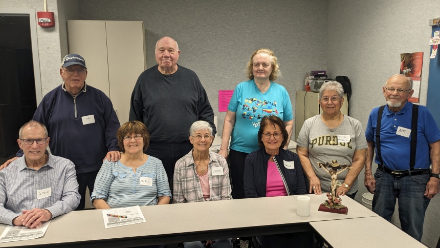 Several members of the St. James the Less in Highland bible study group gather after their May 2 meeting. In attendance were (back row) Thomas Taylor, Bill Sonaitis, Georgia Helfen, Alicia Montalvo, Art Zuhl, (front row) Stephen Schwegman, Mirthala Taylor, Cathy Bartczak, and Dorene Albright. (Lynda J. Hemmerling photo)
