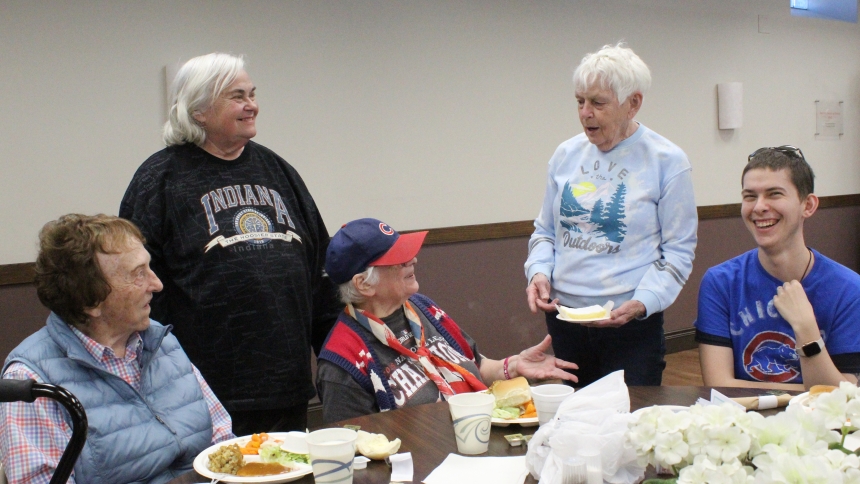 Happy to return to St. Clare's Kitchen on April 25 after a four-year hiatus from Holy Name of Jesus in Cedar Lake are dinner guests (from left) Carol Comstock, Patty Hegyi, Miriam Serini-Simmel, Frances Holtz and Joe Porter, all Cedar Lake residents who ate almost weekly at the church before the COVID-19 pandemic closed the soup kitchen for more than four years. It has now reopened on the second and fourth Thursday of every month, offering free meals and fellowship from 4:45 to 5:45 p.m. in Sacred Heart Hal