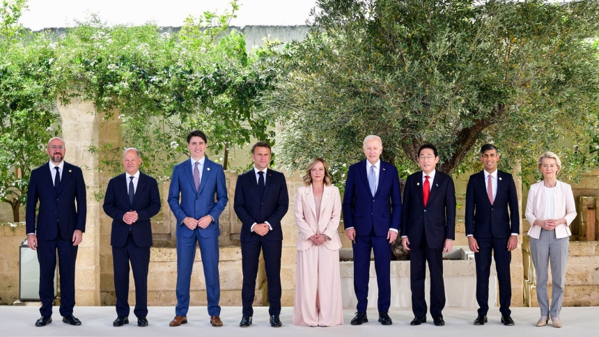 World leaders pose for a group photo at the G7 Summit in Borgo Egnazia, Italy, June 13, 2024. From left to right: European Council President Charles Michel; German Chancellor Olaf Scholz; Canadian Prime Minister Justin Trudeau; French President Emmanuel Macron; Italian Prime Minister Giorgia Meloni; U.S. President Joe Biden; Japanese Prime Minister Fumio Kishida; U.K. Prime Minister Rishi Sunak; and European Commission President Ursula von der Leyen. The June 13-15 summit will focus on global economic gover