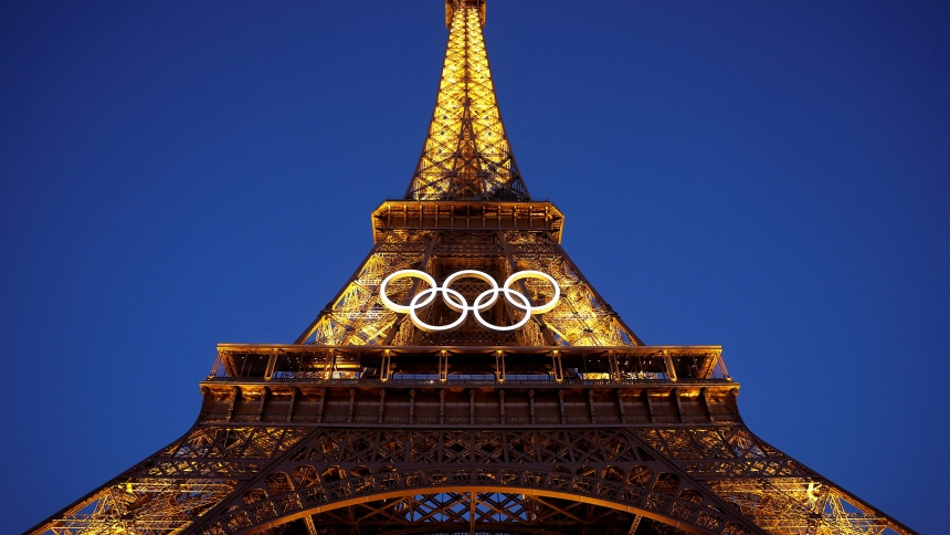The Olympic rings are displayed on the first floor of the Eiffel Tower in Paris  June 7, 2024, ahead of the Paris 2024 Olympic Games. (OSV News photo/Christian Hartmann, Reuters)