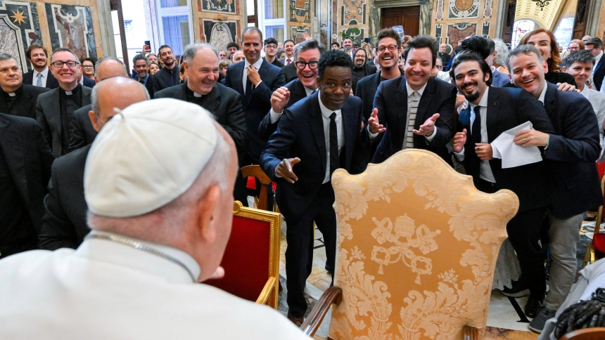 Caption: Pope Francis engages in a light-hearted moment with comedians Stephen Colbert, Chris Rock, Jimmy Fallon and other comedians after an audience at the Vatican June 14, 2024. (CNS photo/Vatican Media)