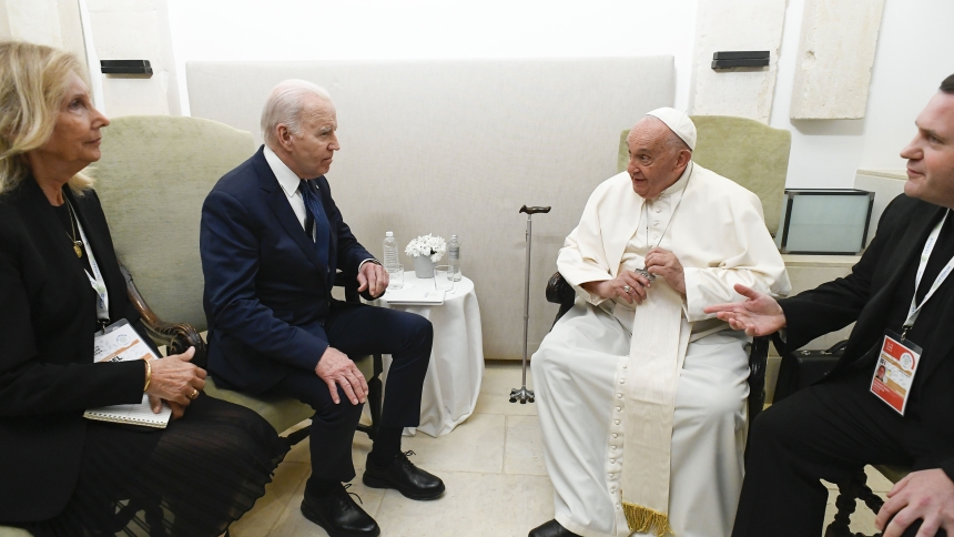 Pope Francis and U.S. President Joe Biden meet privately on the margins of the Group of Seven summit in Borgo Egnazia, in Italy's southern Puglia region, June 14, 2024. (CNS photo/Vatican Media)