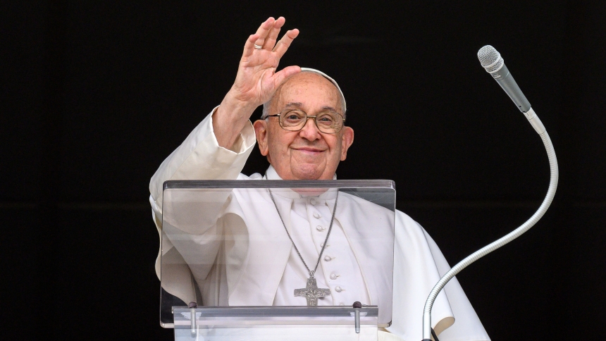 Pope Francis greets visitors gathered in St. Peter's Square to pray the Angelus at the Vatican June 23, 2024. (CNS photo/Vatican Media)