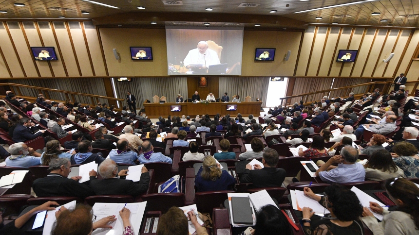 Pope Francis speaks to participants in a conference of moderators of associations of the faithful, ecclesial movements and new movements in the New Synod Hall at the Vatican June 13, 2024. (CNS photo/Vatican Media)