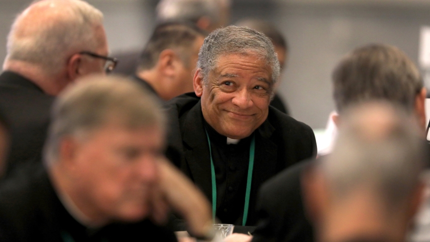Retired Chicago Auxiliary Bishop Joseph N. Perry, chair of the U.S. Conference of Catholic Bishops' Ad Hoc Committee on Racism and the USCCB Subcommittee on African American Affairs, smiles during a Nov. 14, 2023, session of the USCCB's fall general assembly in Baltimore. (OSV News photo/Bob Roller) 