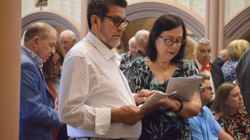 Daniel and Elsie Ponce celebrate 50 years of marriage while attending the Wedding Anniversary Mass on June 2 at the Cathedral of the Holy Angels in Gary. The Highland couple met in high school and said they have made their marriage last with love, respect and patient. (Erin Ciszczon photo)