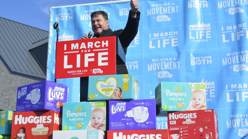 Indiana Attorney General Todd Rokita gives a thumbs-up to a crowd in Carmel, Ind., gathered for the Indiana March for Life rally Jan. 22, 2021.  Rokita and Indiana Gov. Eric Holcomb are seeing to resume the use of capital punishment in the state after obtaining the lethal drugs used in the practice after 15 years. (OSV News photo/Natalie Hoefer, The Criterion)