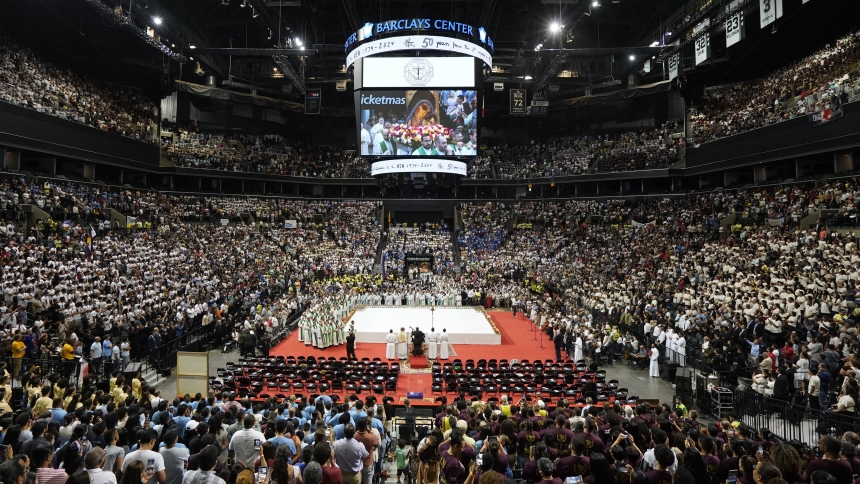 Pilgrims from across the United States and its territories gather for a Mass at the Barclays Center in Brooklyn, N.Y., July 7, 2024, marking the 50th anniversary of the arrival of the Neocatechumenal Way in the United States. (Photo by Gregory A. Shemitz, The Tablet)
