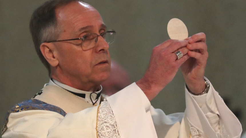 Indianapolis Archbishop Charles C. Thompson celebrates a Mass to welcome pilgrims at St. John the Evangelist Church in Indianapolis July 16, 2024, just ahead of the National Eucharistic Congress. (OSV News photo/Bob Roller)