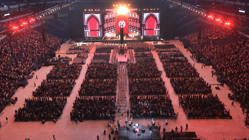 Prelates and clergymen process following morning Mass at Lucas Oil Stadium July 18, 2024, during the National Eucharistic Congress in Indianapolis. (OSV News photo/Bob Roller)