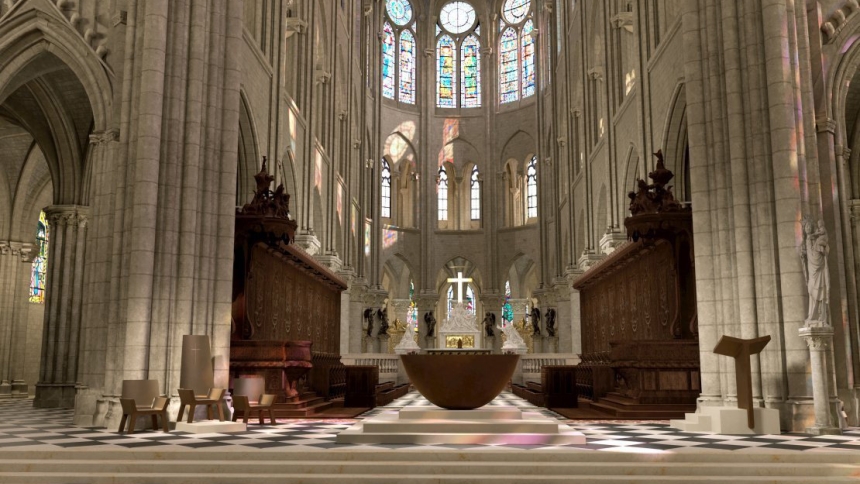 The liturgical furniture designed by designer and sculptor Guillaume Bardet, is composed of five elements in the restored Notre Dame Cathedral in Paris: the altar, the cathedra and the associated seats, the ambo, the tabernacle and the baptistery. Each of the pieces was designed in sculpted bronze, a material offering a powerful, timeless and luminous aesthetic. (OSV News photo/courtesy Archdiocese of Paris, Guillaume Bardet)