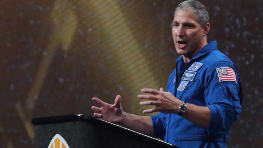 Astronaut Mike Hopkins speaks July 21, 2024, during the final day of the National Eucharistic Congress at Lucas Oil Stadium in Indianapolis. (OSV News photo/Bob Roller)