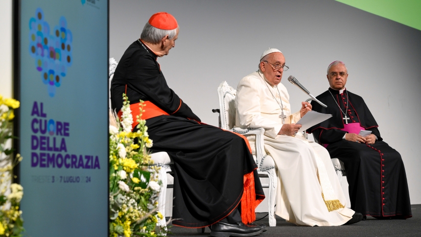 Pope Francis speaks at the Generali Convention Center in Trieste, Italy, for an event during Italian Catholic Social Week on July 7, 2024. Also in the photo are Cardinal Matteo Zuppi, president of the Italian bishops’ conference, left, and Archbishop Luigi Renna of Catania, Italy, right. (CNS photo/Vatican Media)
