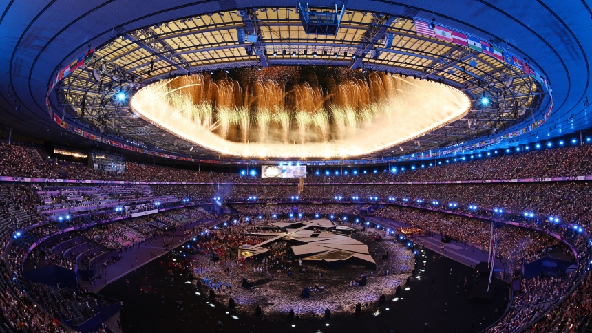 This is an elevated view during the Paris Olympic closing ceremonies Aug. 11, 2024. U.S. Catholic athletes Nick Mead of the men's rowing team and Katie Ledecky of the women's swim team carried the U.S. flag in the ceremonies. (OSV News photo/Andy Chua, Reuters)