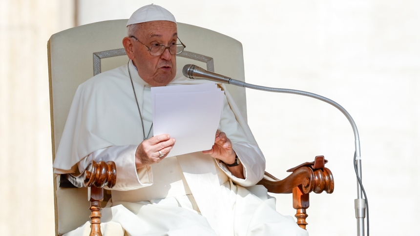 Pope Francis talks about the plight of migrants during his weekly general audience in St. Peter's Square at the Vatican Aug. 28, 2024. (CNS photo/Lola Gomez)