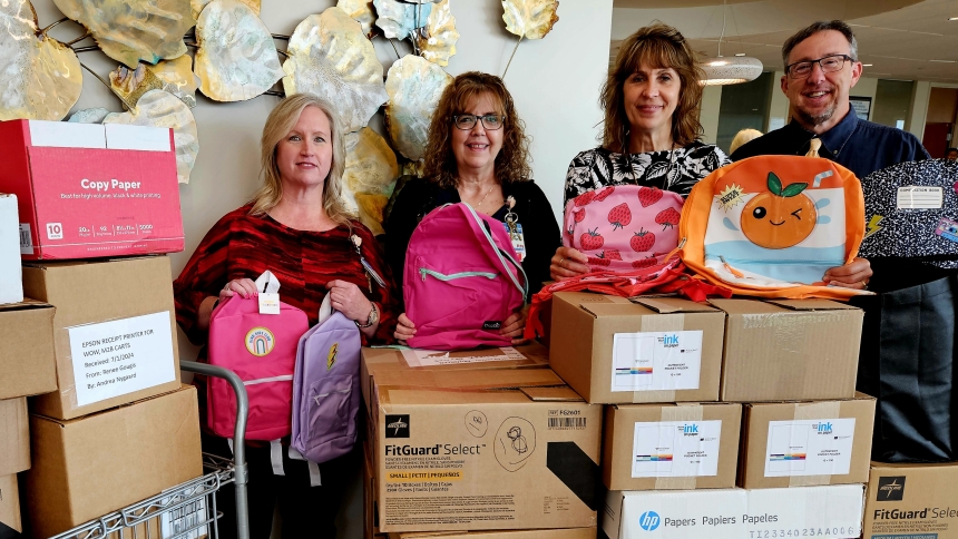 Pictured with school drive items collected at Franciscan Health Munster are Franciscan Health Dyer and Munster Compliance Officer Paula Dailey; Franciscan Health Munster 3 North Manager Kathy Garcia, RN; Franciscan Health Munster Manager of Service Excellence, Patient Advocates, Volunteers and Information Desk Linda Young and Bishop Noll Institute Theology Department Chairman Kevin Driscoll. 